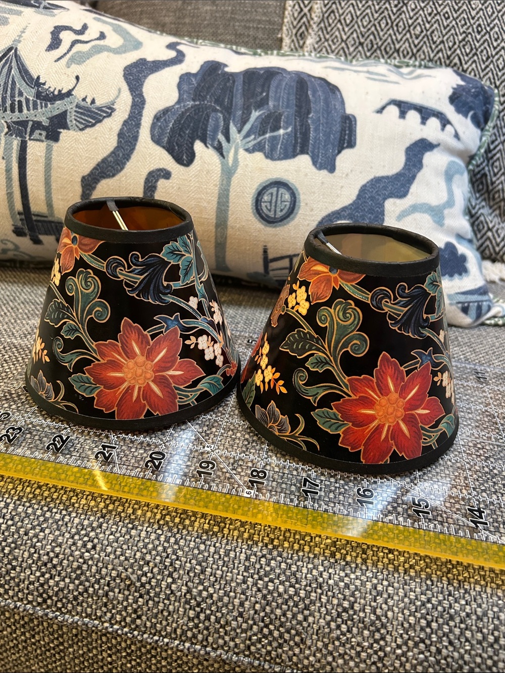 Vintage Floral Black and Red Pair of Lamp Shades Set of 2